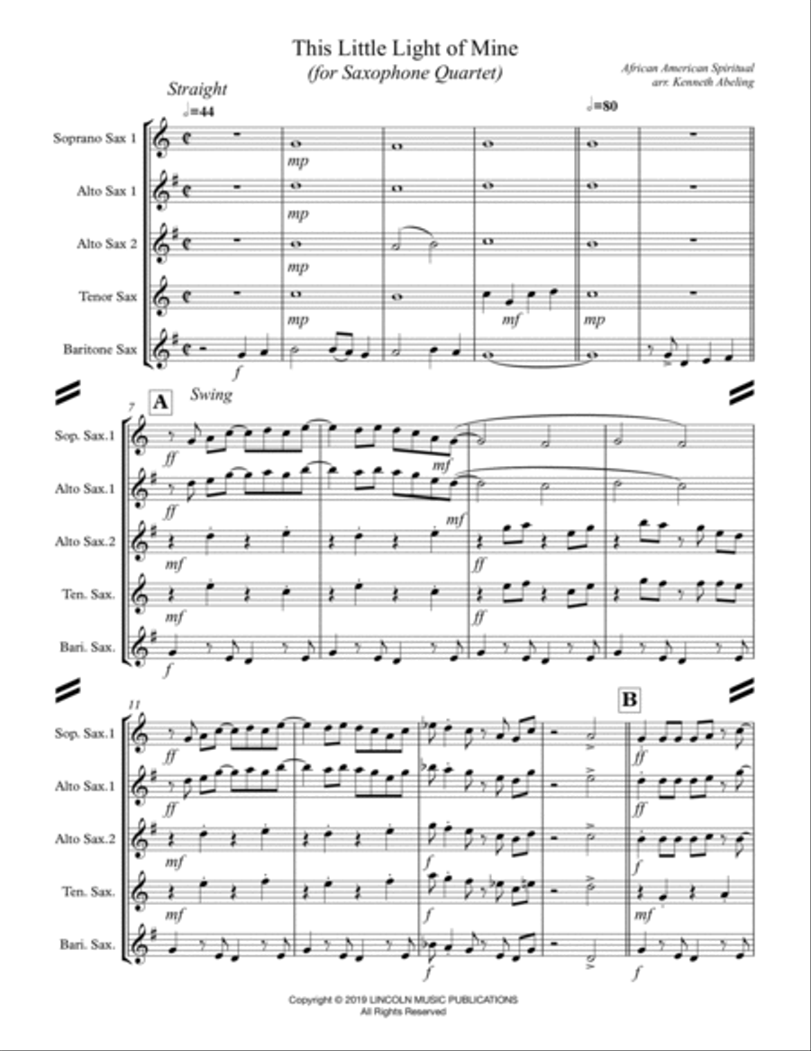 This Little light of Mine (for Saxophone Quartet SATB or AATB) Saxophone Quartet scores gallery preview page 2