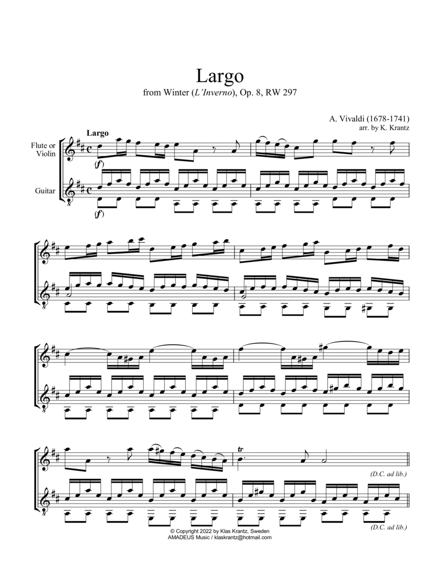 Largo from Winter (L'Inverno) for flute or violin and guitar Flute scores gallery preview page 1