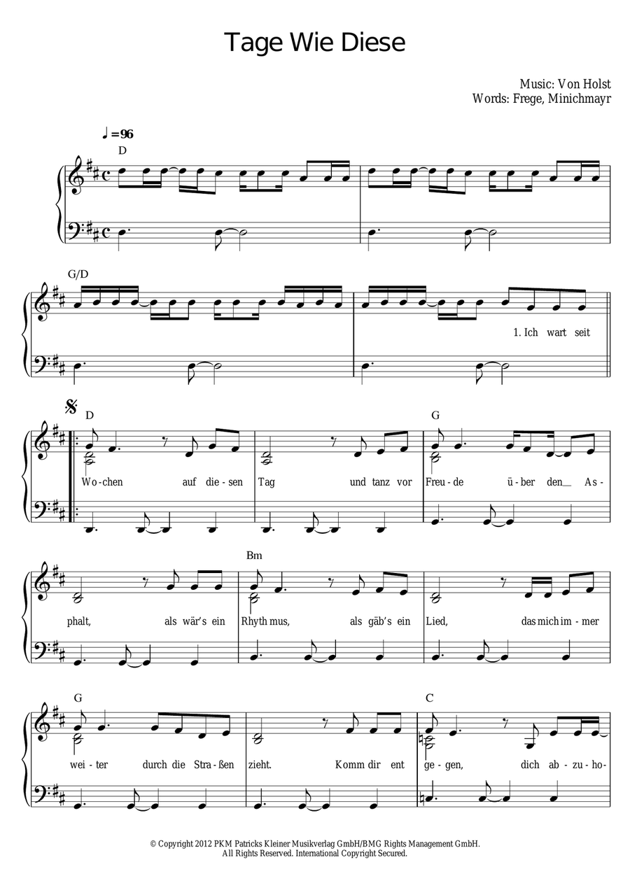 Tage Wie Diese Piano, Vocal scores gallery preview page 1