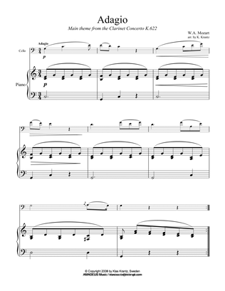 Adagio from the clarinet concerto (theme) for cello and easy piano