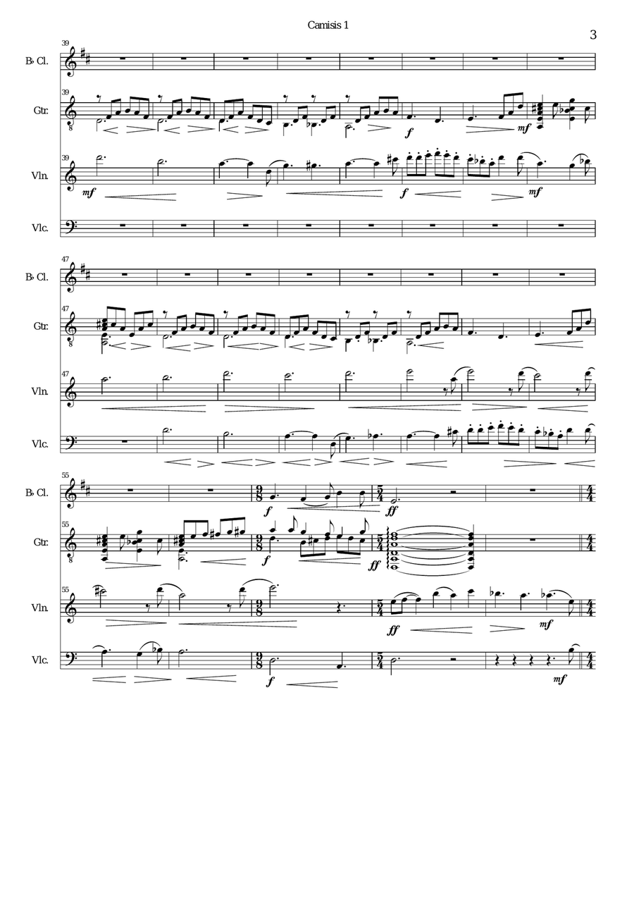Camisis 1 for clarinet, viola, cello and guitar Small Ensemble scores gallery preview page 3