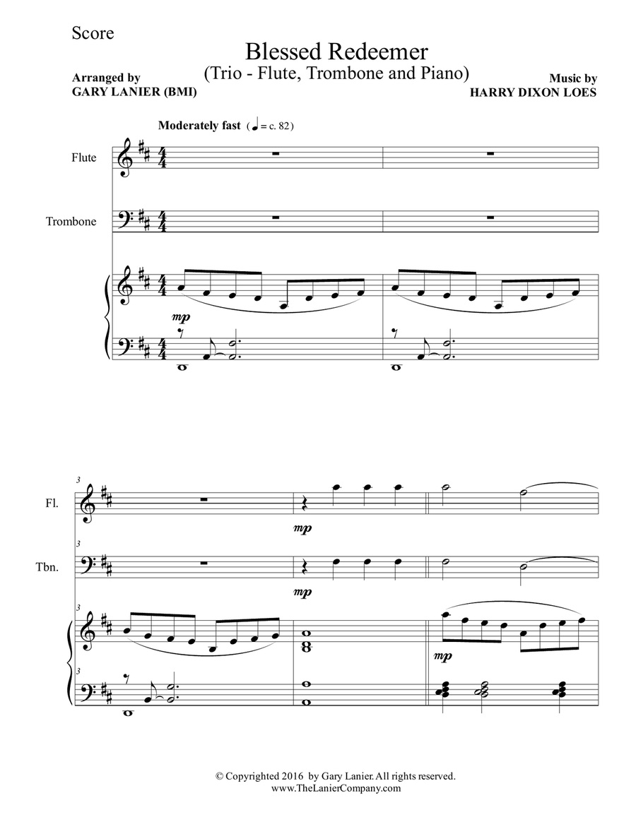 BLESSED REDEEMER (Trio – Flute, Trombone & Piano with Score/Parts) Flute scores gallery preview page 2