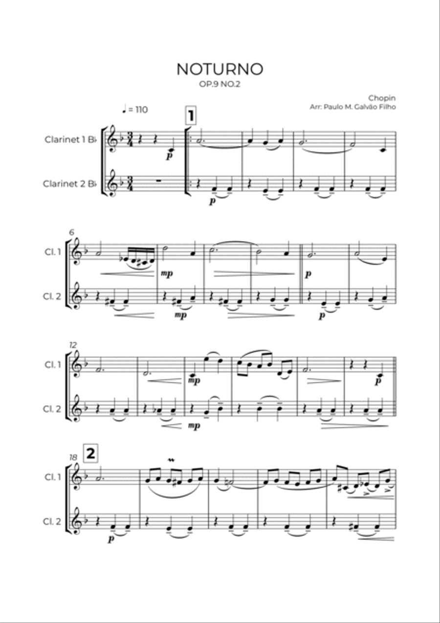 NOTURNO OP.9 NO.2 - CHOPIN - CLARINET DUET Clarinet Duet scores gallery preview page 2