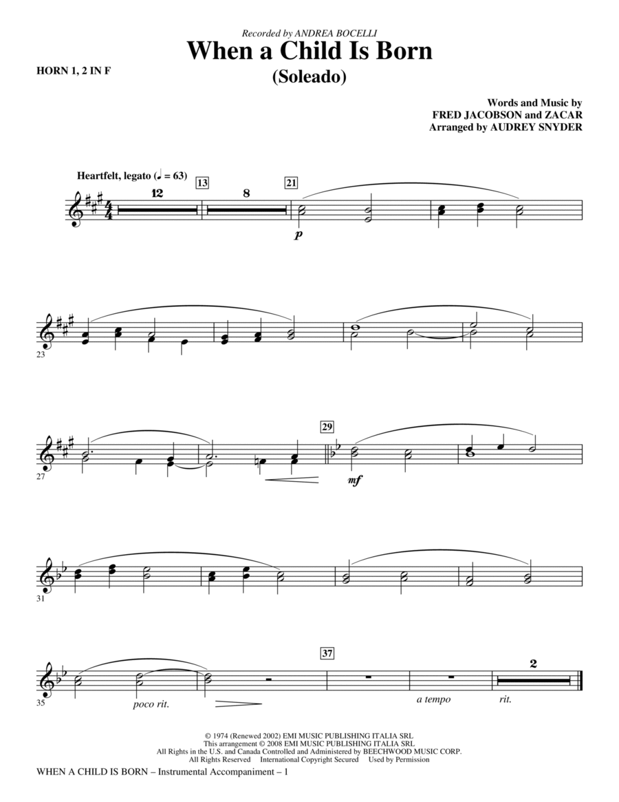 When A Child Is Born (Soleado) - Horn 1 & 2 Choir scores gallery preview page 1