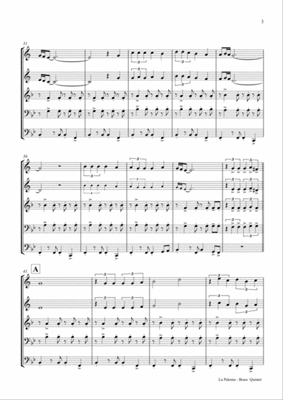 La Paloma - Spanish Habanera - Brass Quintet Brass Quintet scores gallery preview page 3