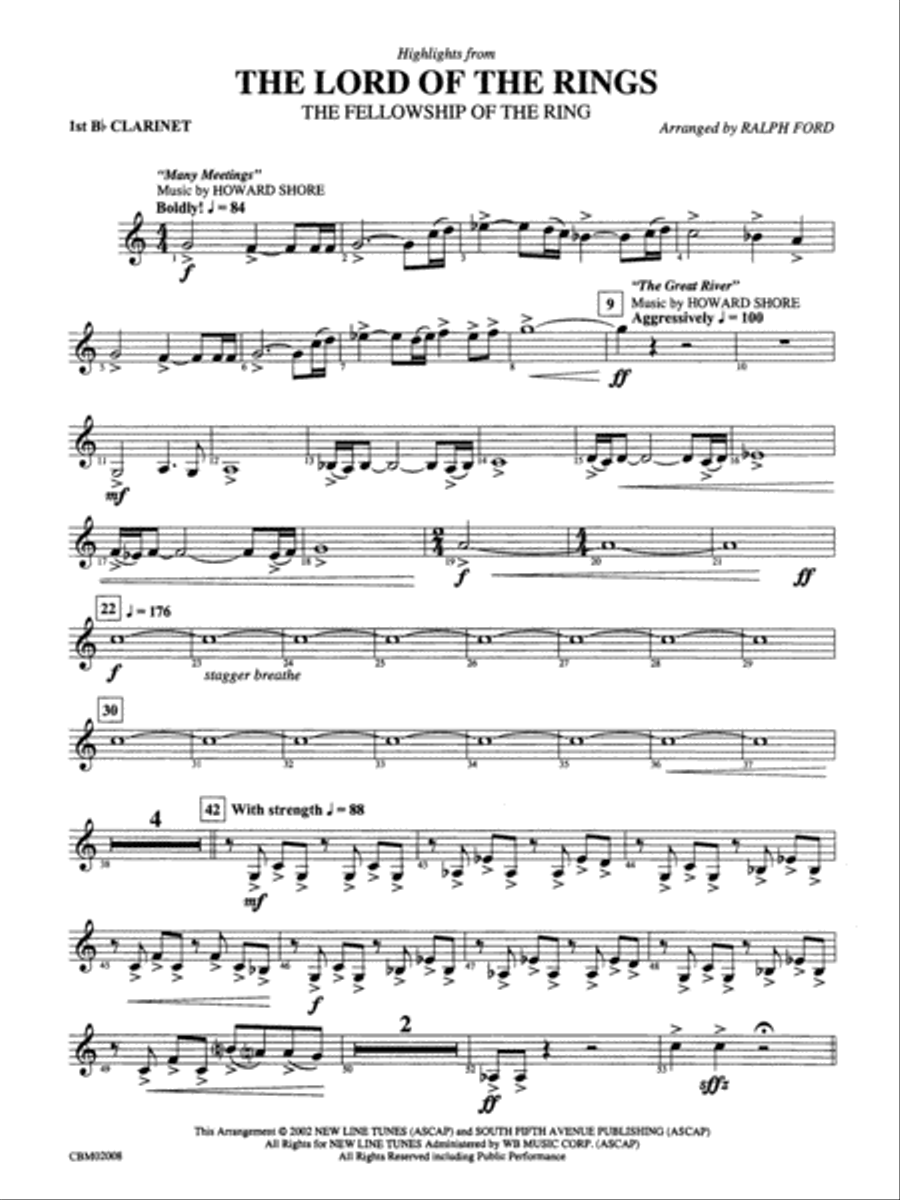 The Lord of the Rings: The Fellowship of the Ring, Highlights from: 1st B-flat Clarinet Concert Band scores gallery preview page 1
