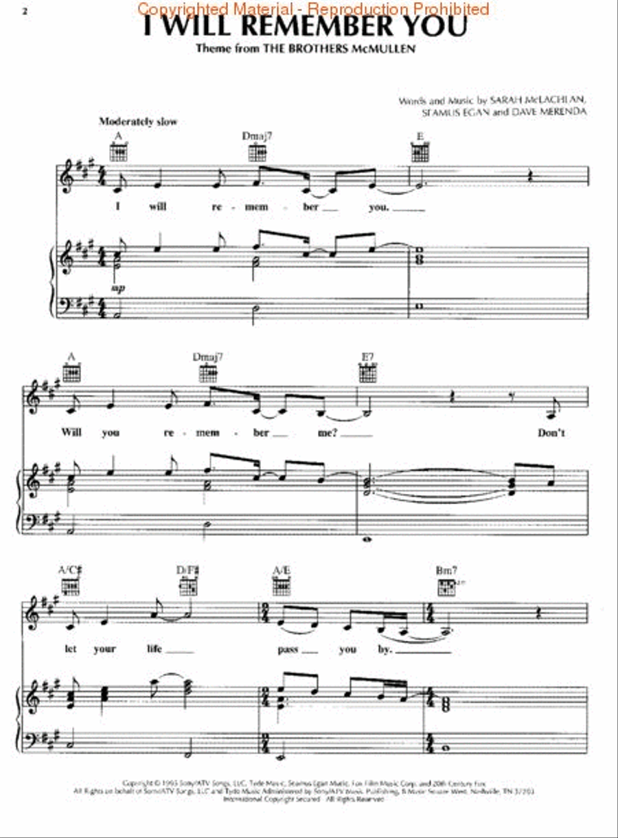 I Will Remember You (from The Brothers McMullen) Piano, Vocal, Guitar scores gallery preview page 2