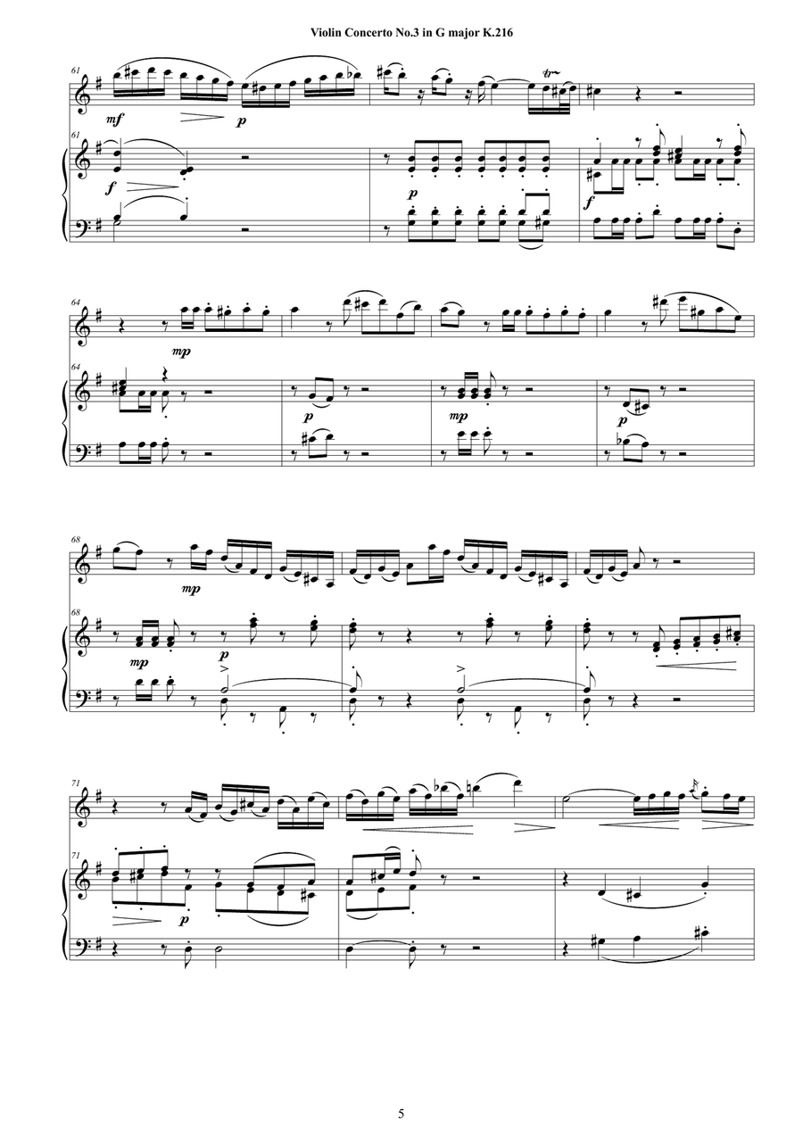 Mozart - Violin Concerto No.3 in G major K 216 for Violin and Piano - Score and Part Violin Solo scores gallery preview page 5