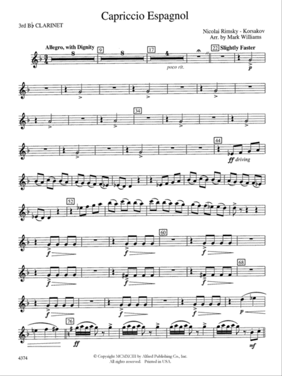 Capriccio Espagnol: 3rd B-flat Clarinet Concert Band scores gallery preview page 1