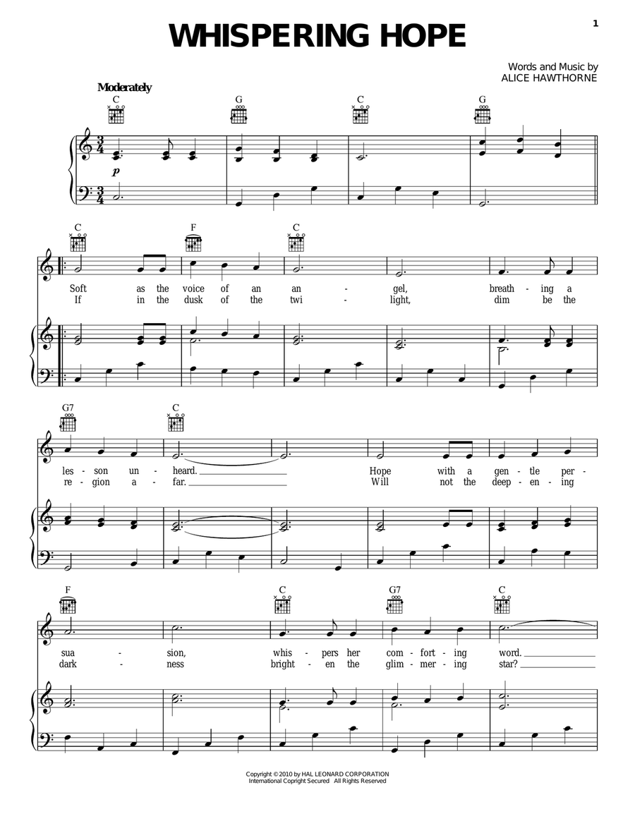 Whispering Hope Piano, Vocal, Guitar scores gallery preview page 1