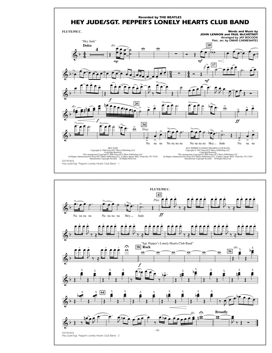 Hey Jude/Sgt. Pepper's Lonely Hearts Club Band - Flute/Piccolo Marching Band scores gallery preview page 1