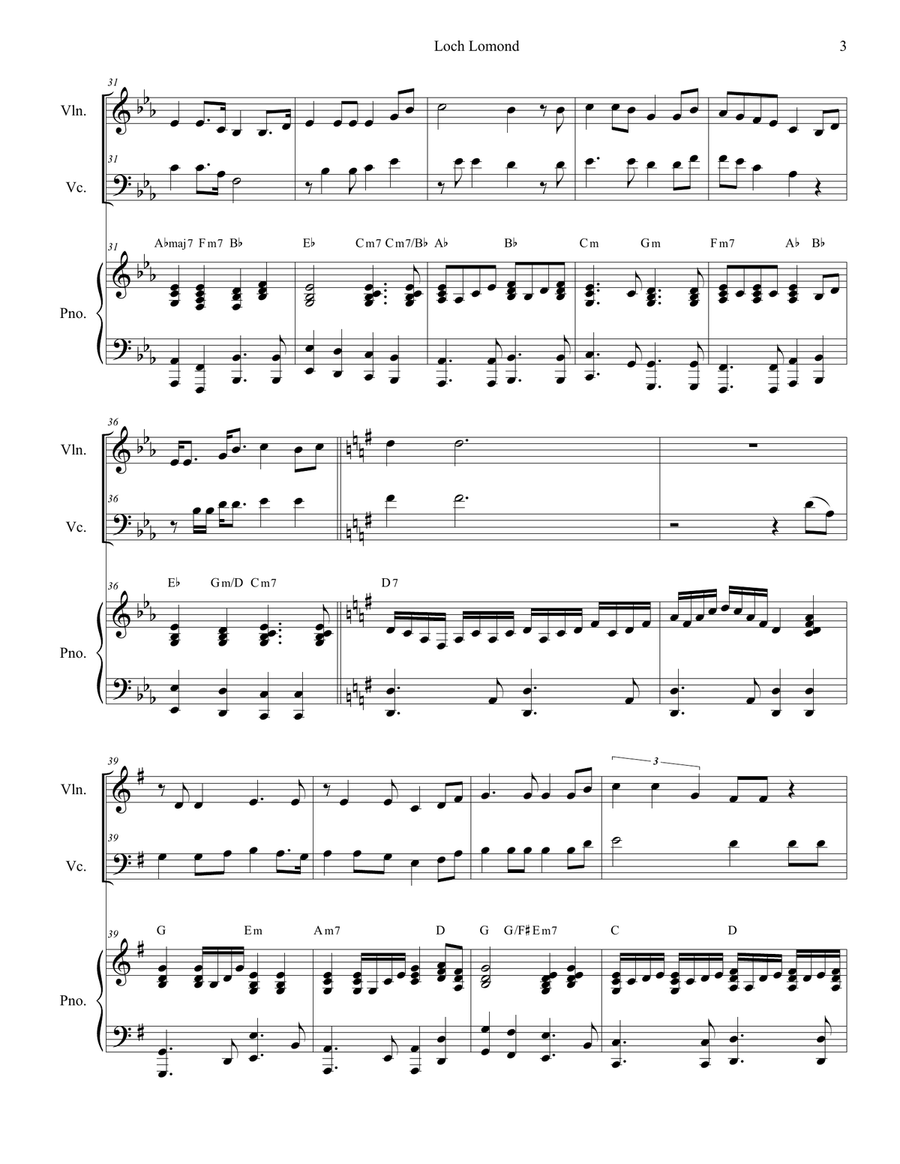 Loch Lomond (Duet for Violin and Cello) Piano Trio scores gallery preview page 3