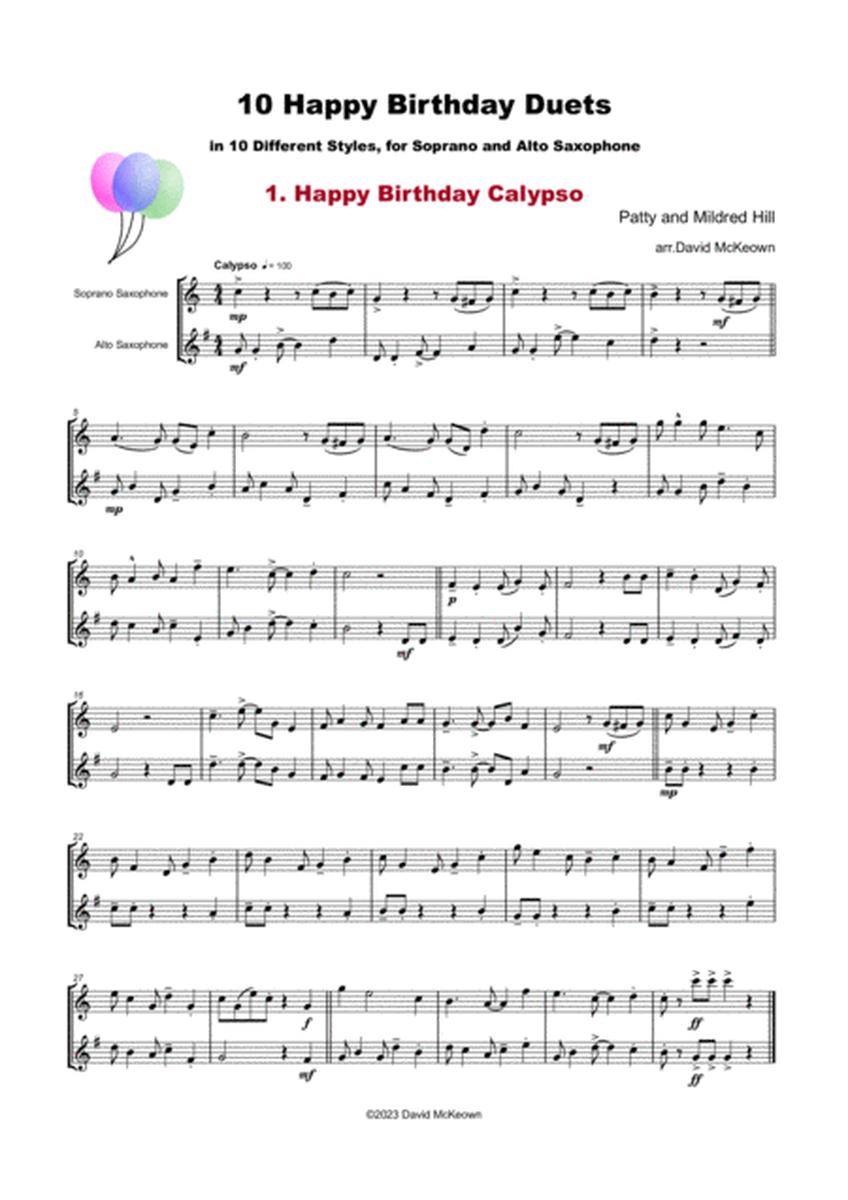 10 Happy Birthday Duets, (in 10 Different Styles), for Soprano and Alto Saxophone