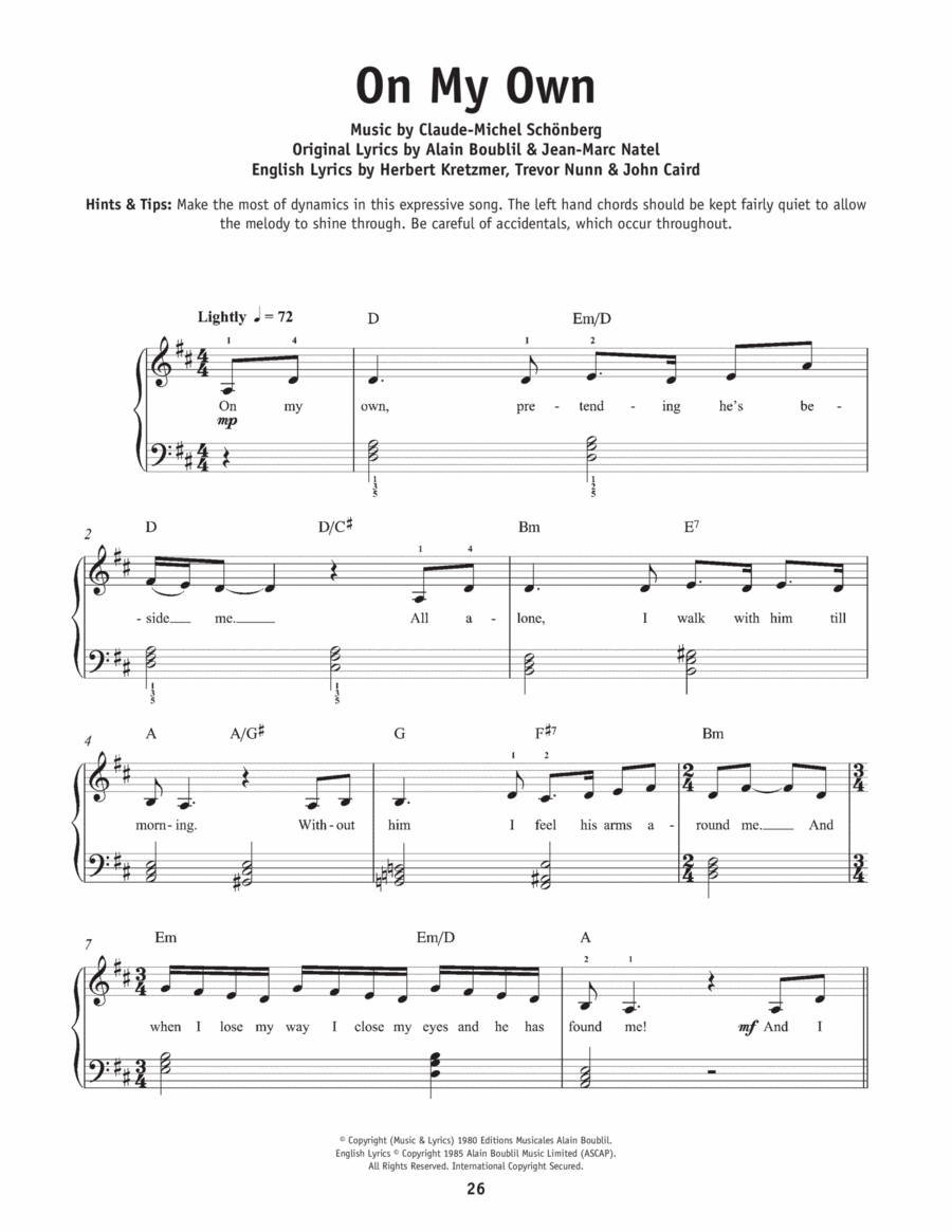 On My Own (from Les Miserables) Easy Piano scores gallery preview page 1
