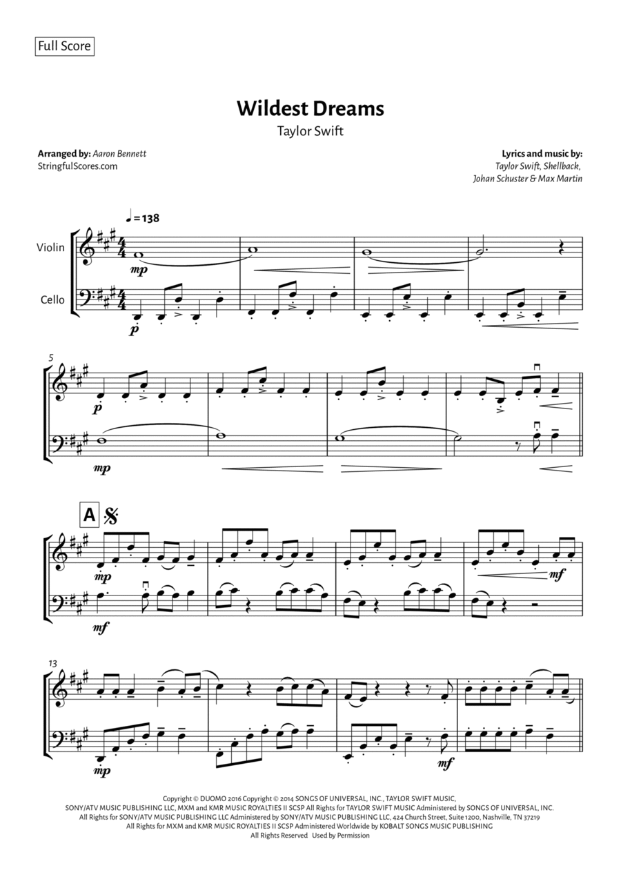 Wildest Dreams String Duet scores gallery preview page 1