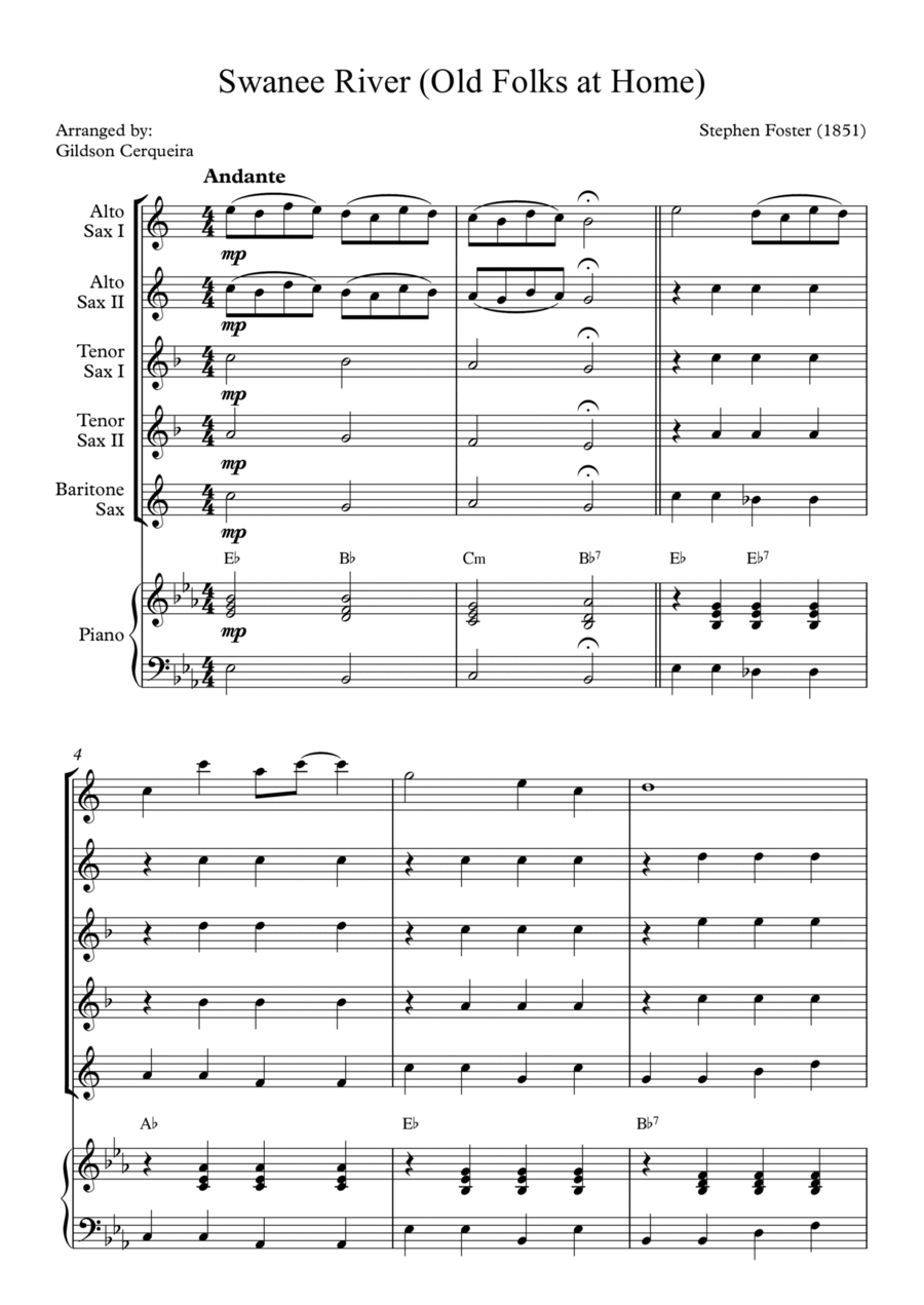 Swanee River (Old Folks at Home) Saxophone Quintet scores gallery preview page 1