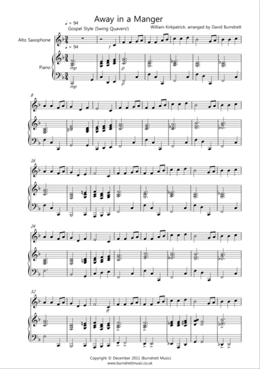 Away in a Manger (Gospel Style!) for Alto Saxophone and Piano Alto Saxophone scores gallery preview page 1