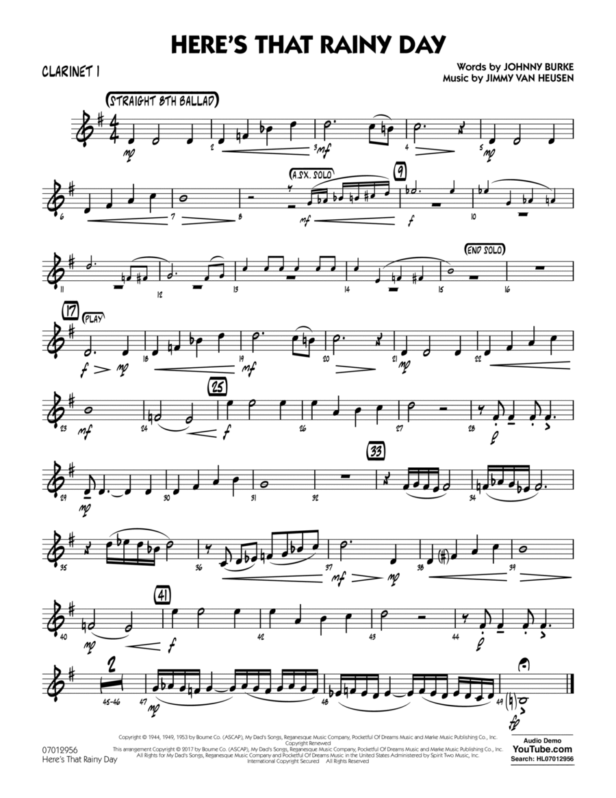 Here's That Rainy Day - Clarinet 1 Clarinet scores gallery preview page 1