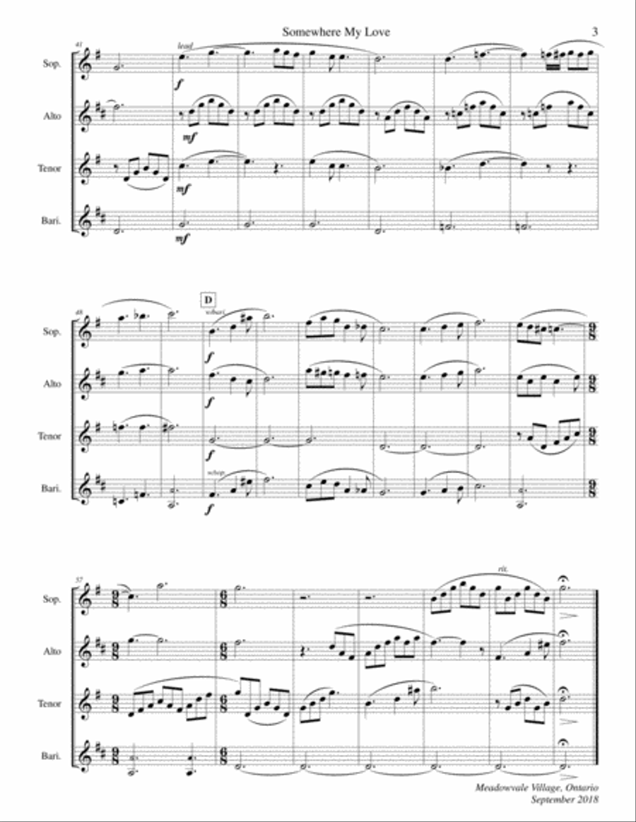 Somewhere, My Love Saxophone Quartet scores gallery preview page 5