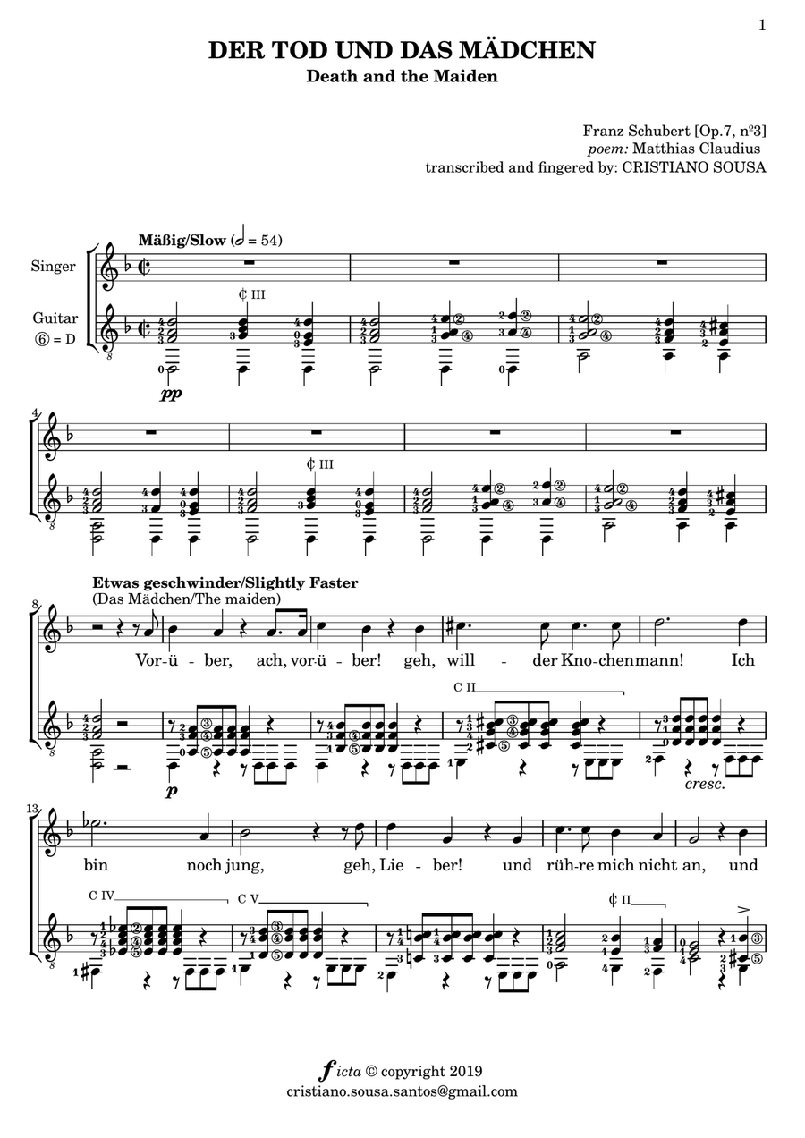 DER TOD UND DAS MÄDCHEN (Death and the Maiden) [ Lied by Franz Schubert ]: voice and guitar Classical Guitar scores gallery preview page 1