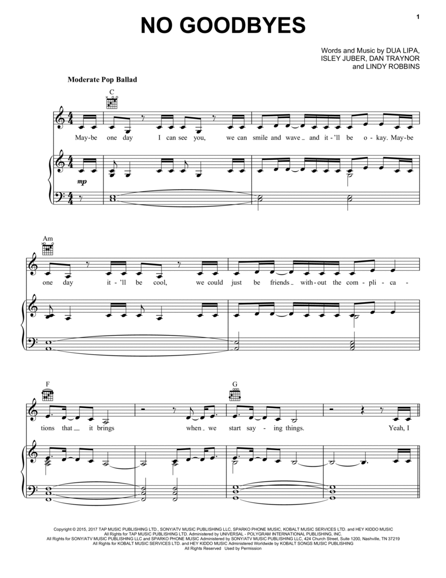 No Goodbyes Piano, Vocal, Guitar scores gallery preview page 1