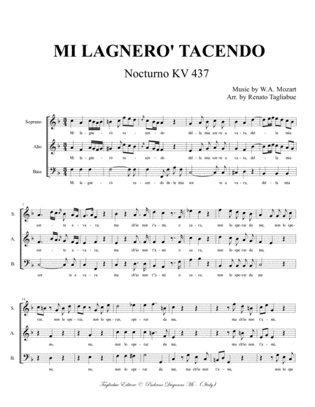 MI LAGNERO' TACENDO - Mozart - KV 437 - For SAB Choir image number null