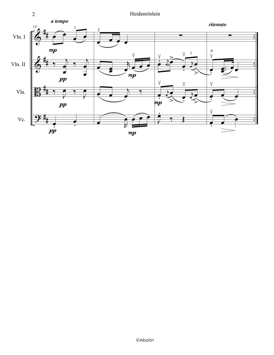 Schubert: Heidenröslein, D.257 - String Quartet String Quartet scores gallery preview page 3