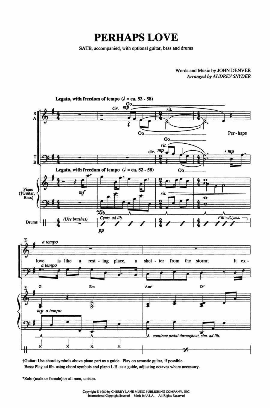 Perhaps Love (arr. Audrey Snyder) 4-Part scores gallery preview page 1