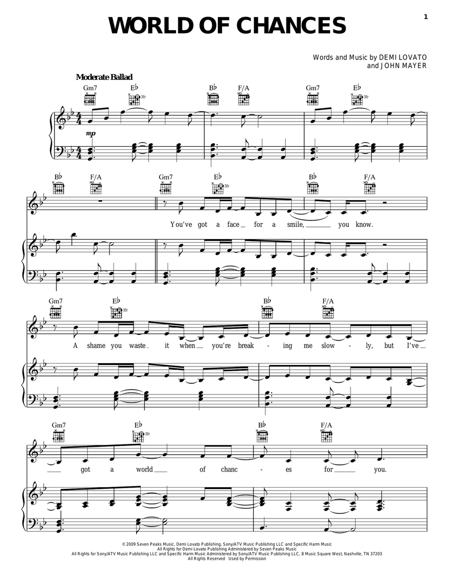 World Of Chances Piano, Vocal, Guitar scores gallery preview page 1