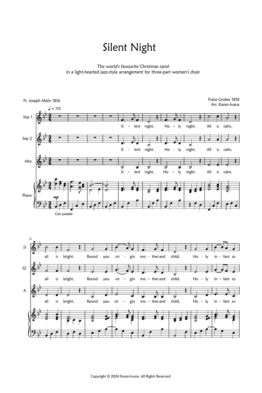 Silent Night - jazz version SSA scores gallery preview page 1