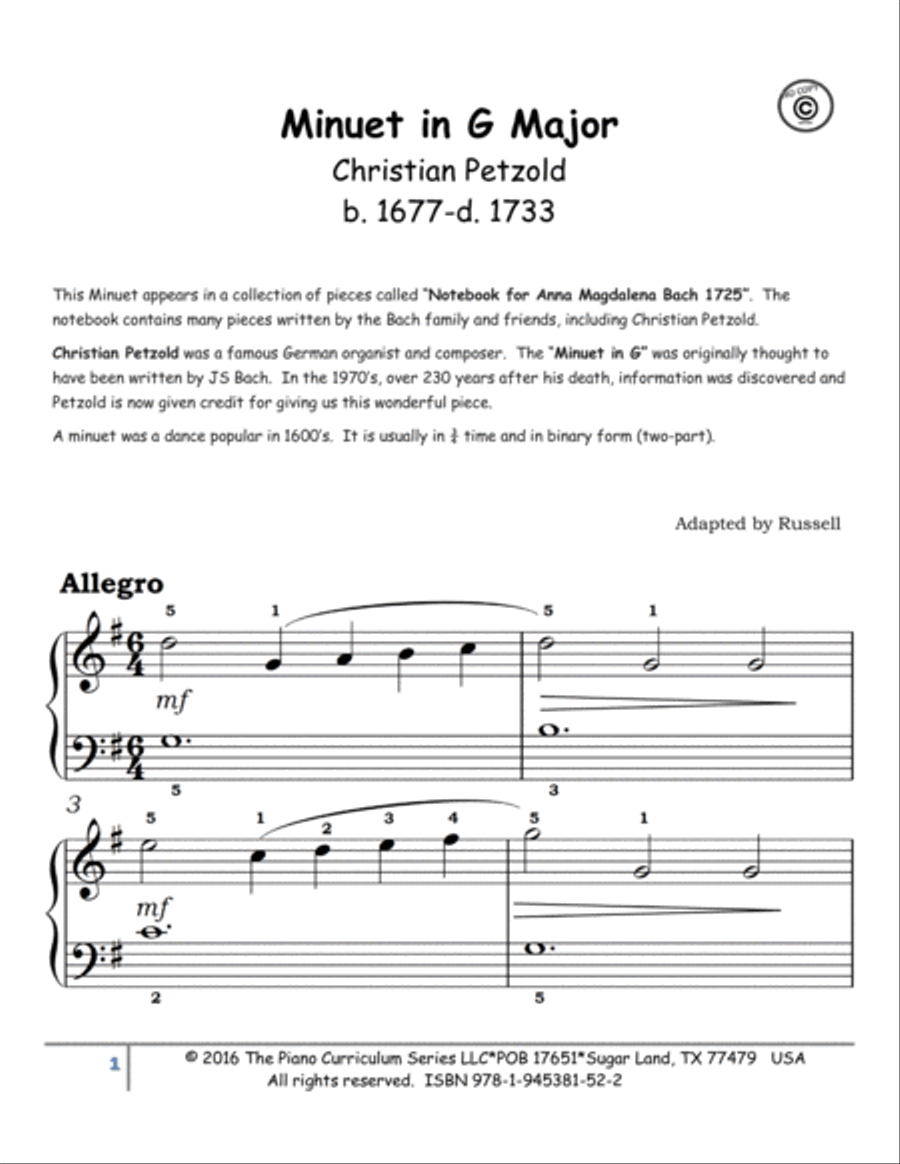 Minuet in G Major BWV, Anh 114 Easy Piano scores gallery preview page 2