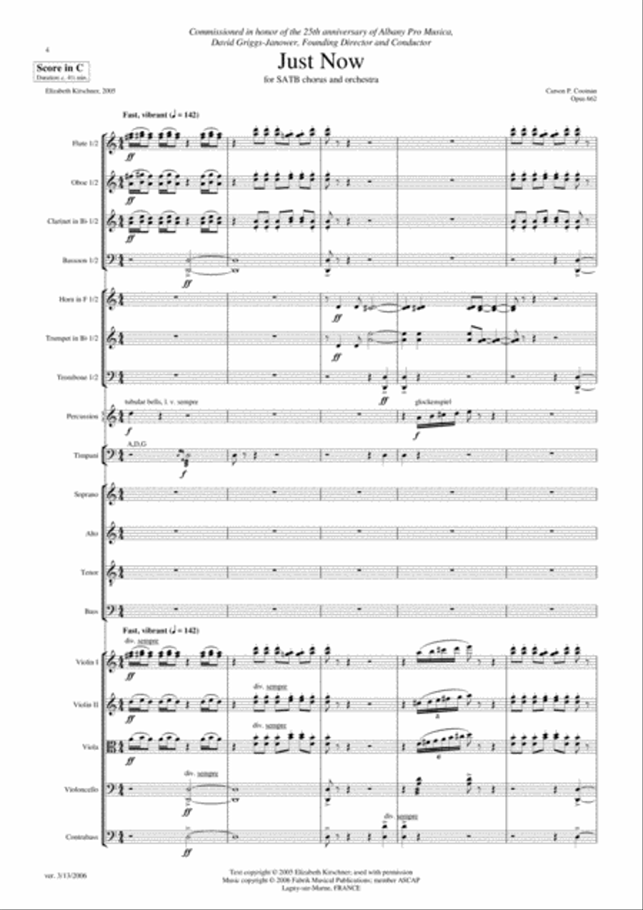 Carson Cooma: Just Now for SATB chorus and orchestra, score