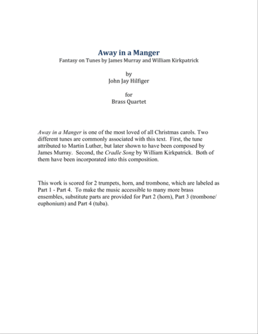 Away in a Manger: Fantasy on Tunes by James Murray and William Kirkpatrick (Brass Quartet) Brass Quartet scores gallery preview page 2