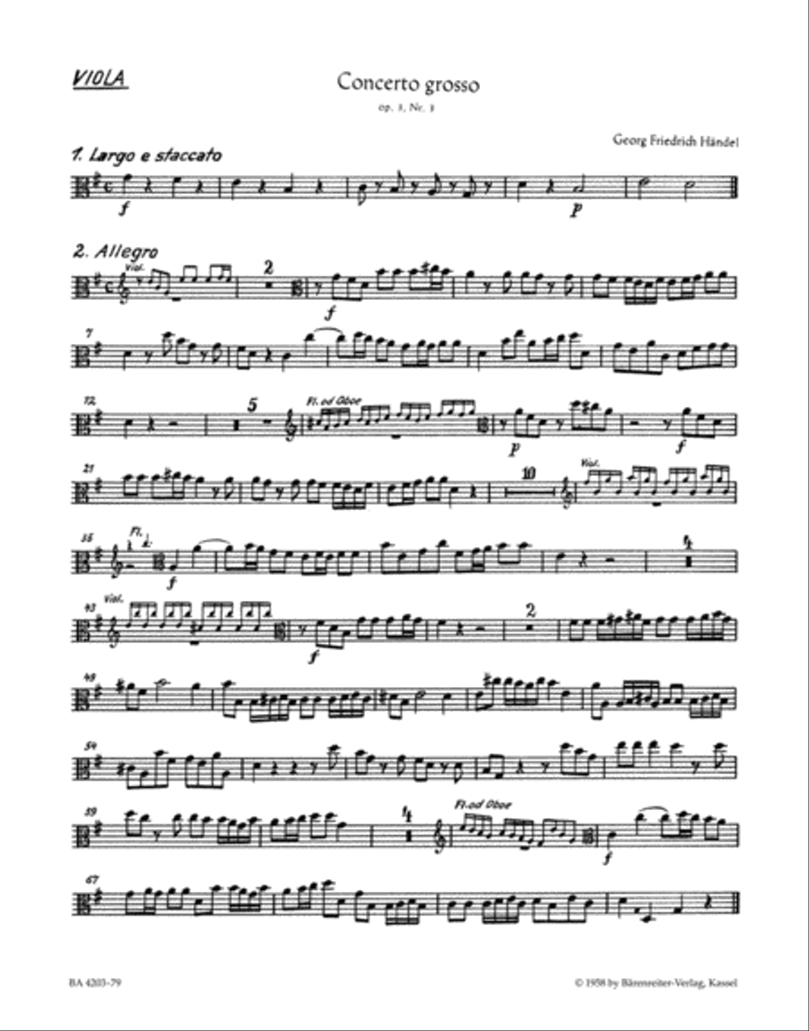 Concerto grosso G major, Op. 3/3 HWV 314 by George Frideric Handel Viola - Sheet Music