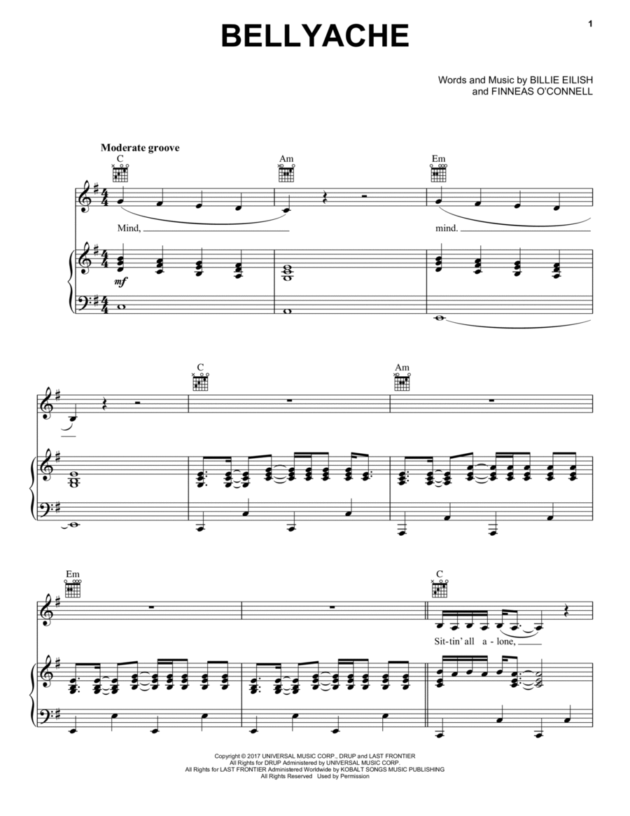 bellyache Piano, Vocal, Guitar scores gallery preview page 1