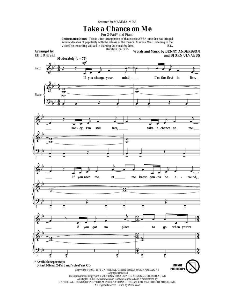 Take A Chance On Me (arr. Ed Lojeski) 2-Part scores gallery preview page 1