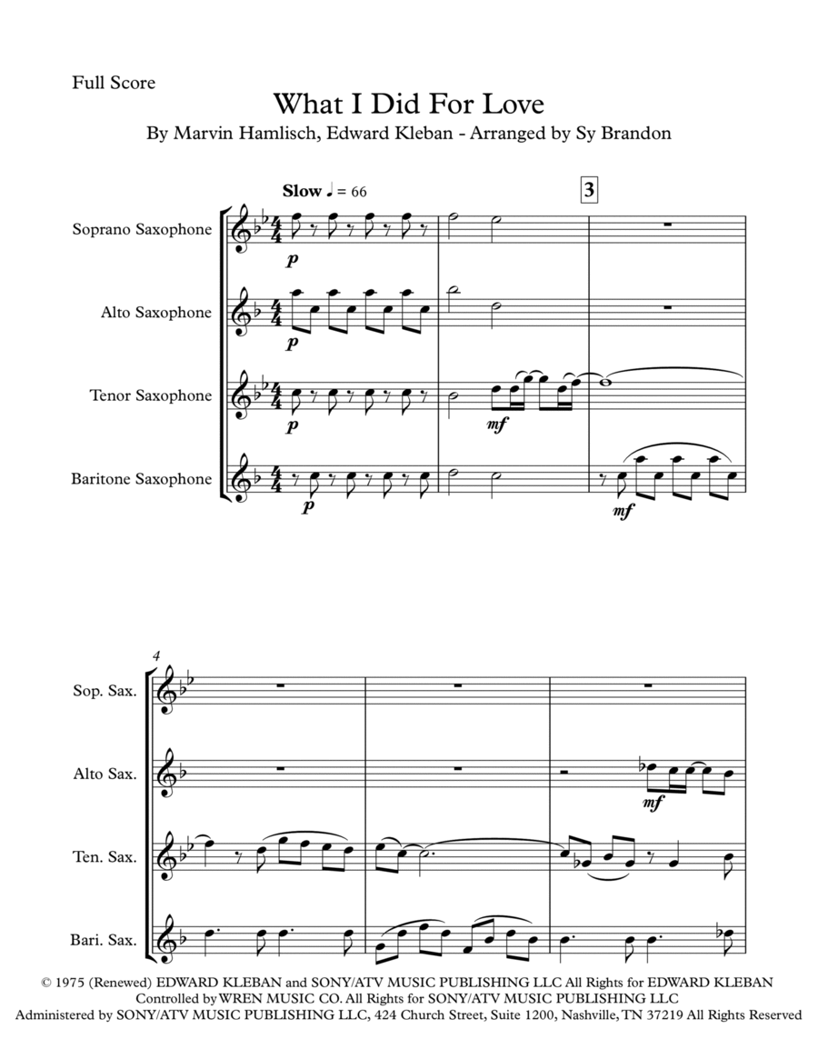 What I Did For Love Saxophone Quartet scores gallery preview page 1