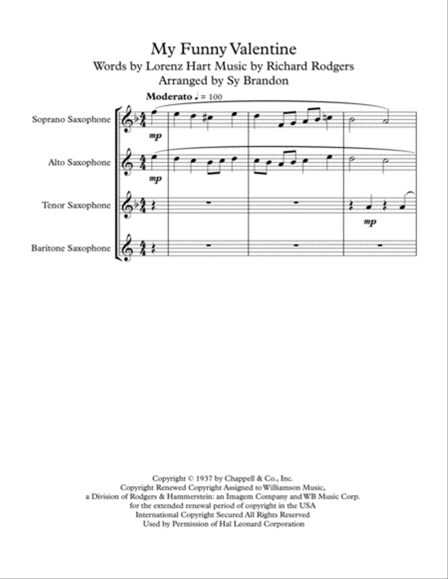 My Funny Valentine Saxophone Quartet scores gallery preview page 1