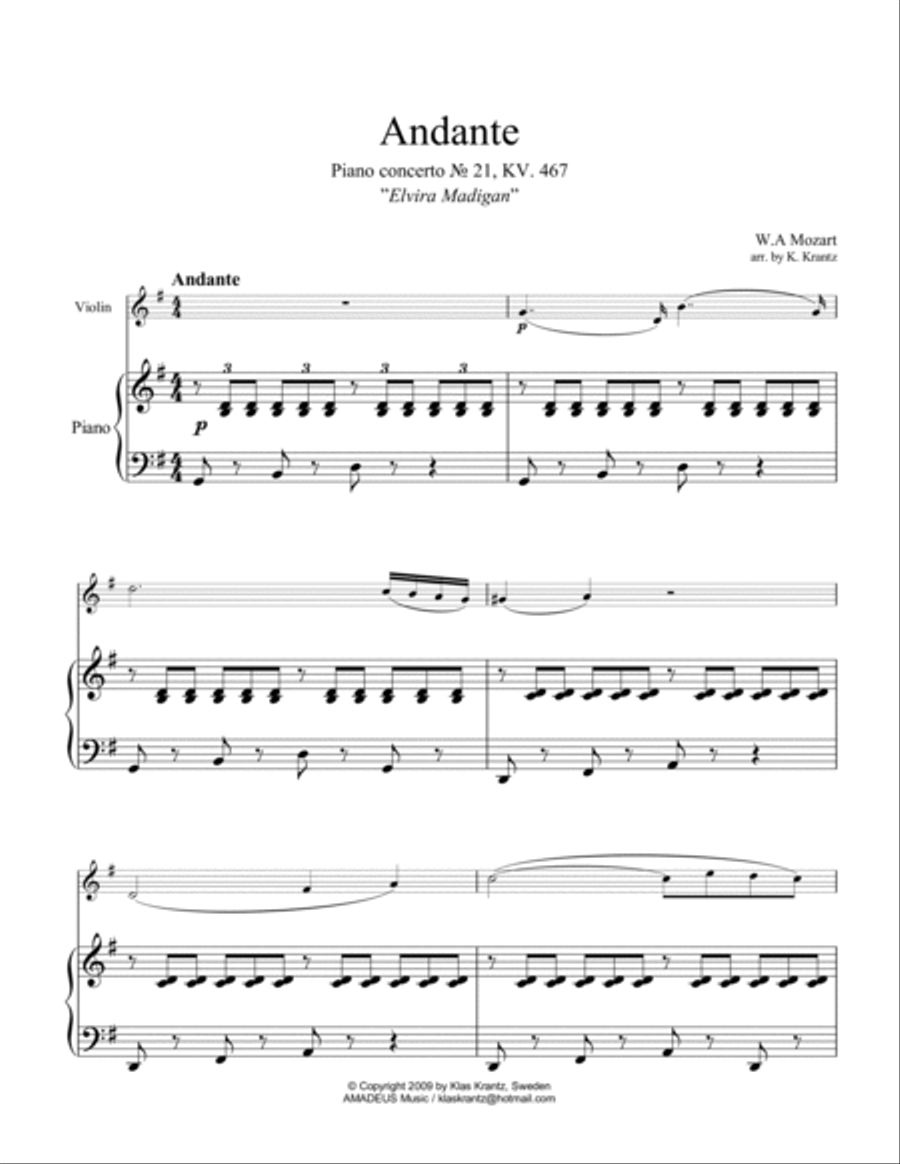 Andante from piano concerto no. 21 (Elvira Madigan) for violin and piano Violin Solo scores gallery preview page 2