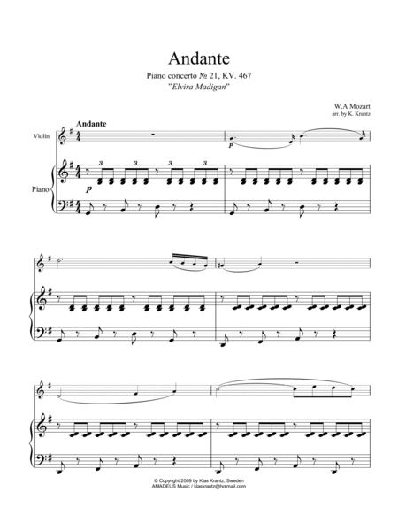 Andante from piano concerto no. 21 (Elvira Madigan) for violin and piano image number null