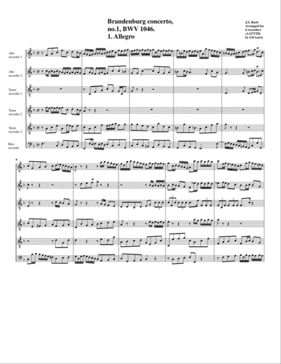 Brandenburg concerto no.1, BWV 1046 (arrangement for 6 recorders) Recorder scores gallery preview page 1
