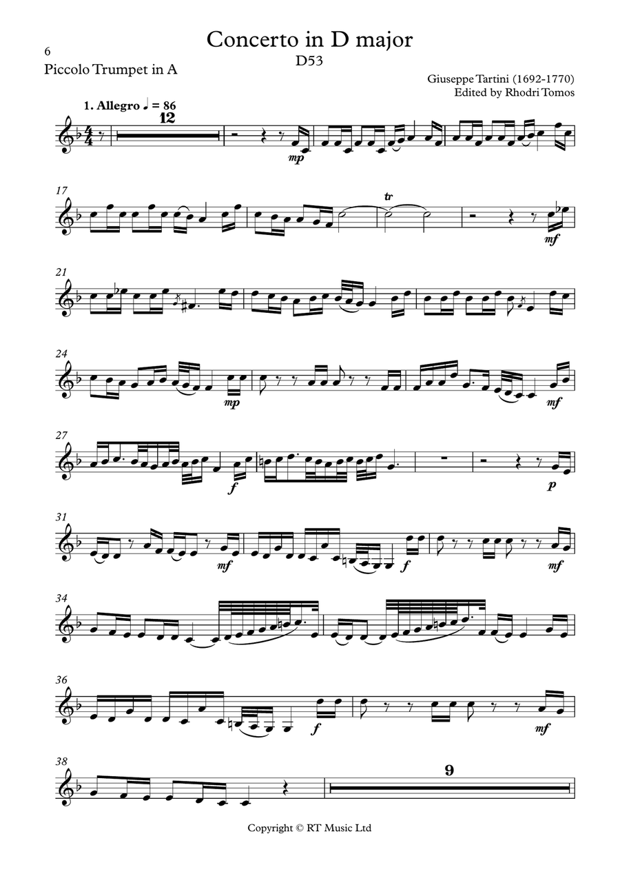 Tartini Trumpet Concerto in D major D53 - solo parts C Trumpet scores gallery preview page 6