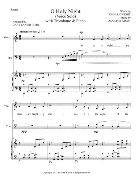 O HOLY NIGHT (Voice Solo with Trombone & Piano - Score & Parts included) image number null