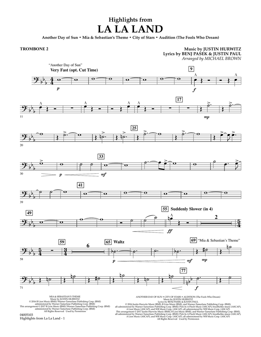 Highlights from La La Land - Trombone 2 Concert Band scores gallery preview page 1