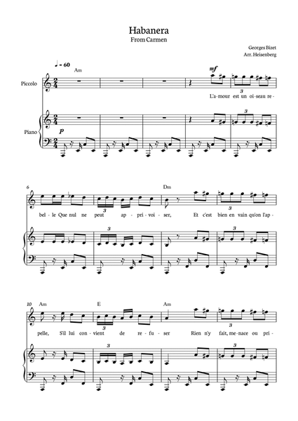 Habanera from Carmen for Piccolo with piano and chords. image number null