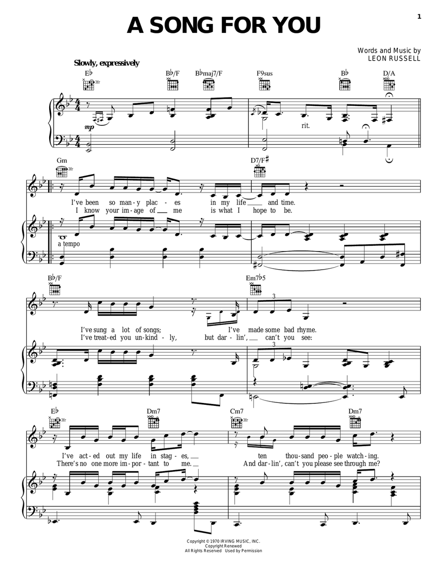 A Song For You A Song For You Piano, Vocal, Guitar scores gallery preview page 1