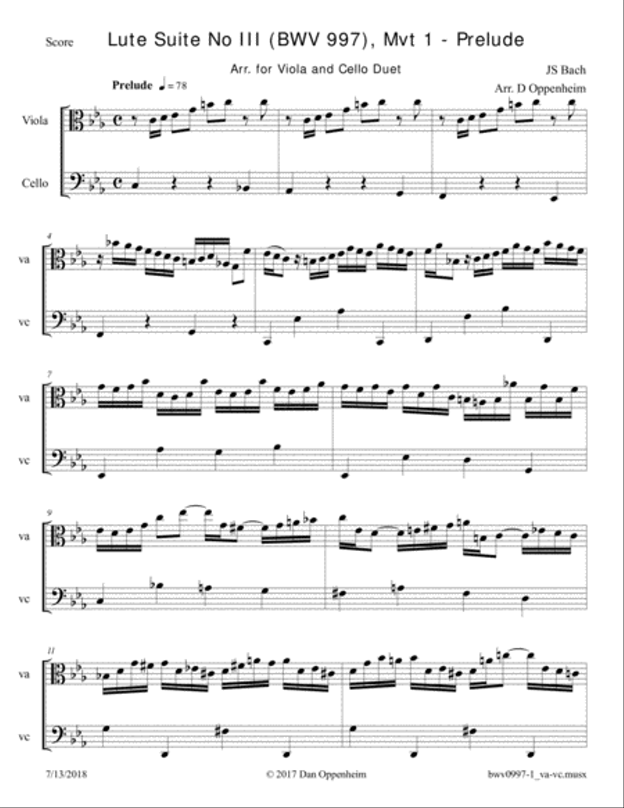 Bach Lute Suite No. 3 BWV 997 Movement 1 Prelude Arranged