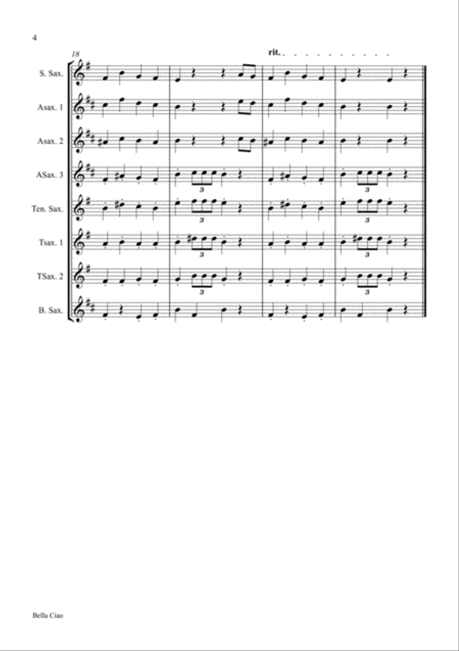 Bella Ciao for Saxophonensemble Saxophonquintet Saxophonsextet Woodwind Quintet scores gallery preview page 4