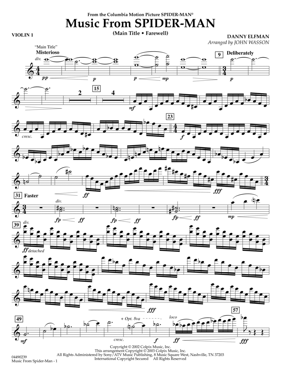 Music from Spider-Man (arr. John Wasson) - Violin 1 Full Orchestra scores gallery preview page 1