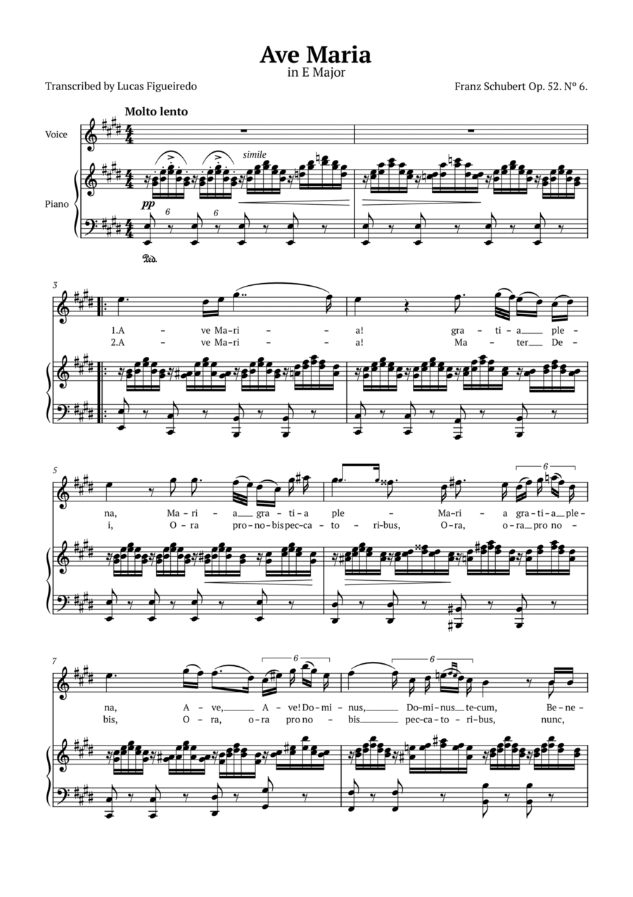 Ave Maria (Schubert) in E Major for Piano and Voice (Lyrics in Latin) Voice scores gallery preview page 1